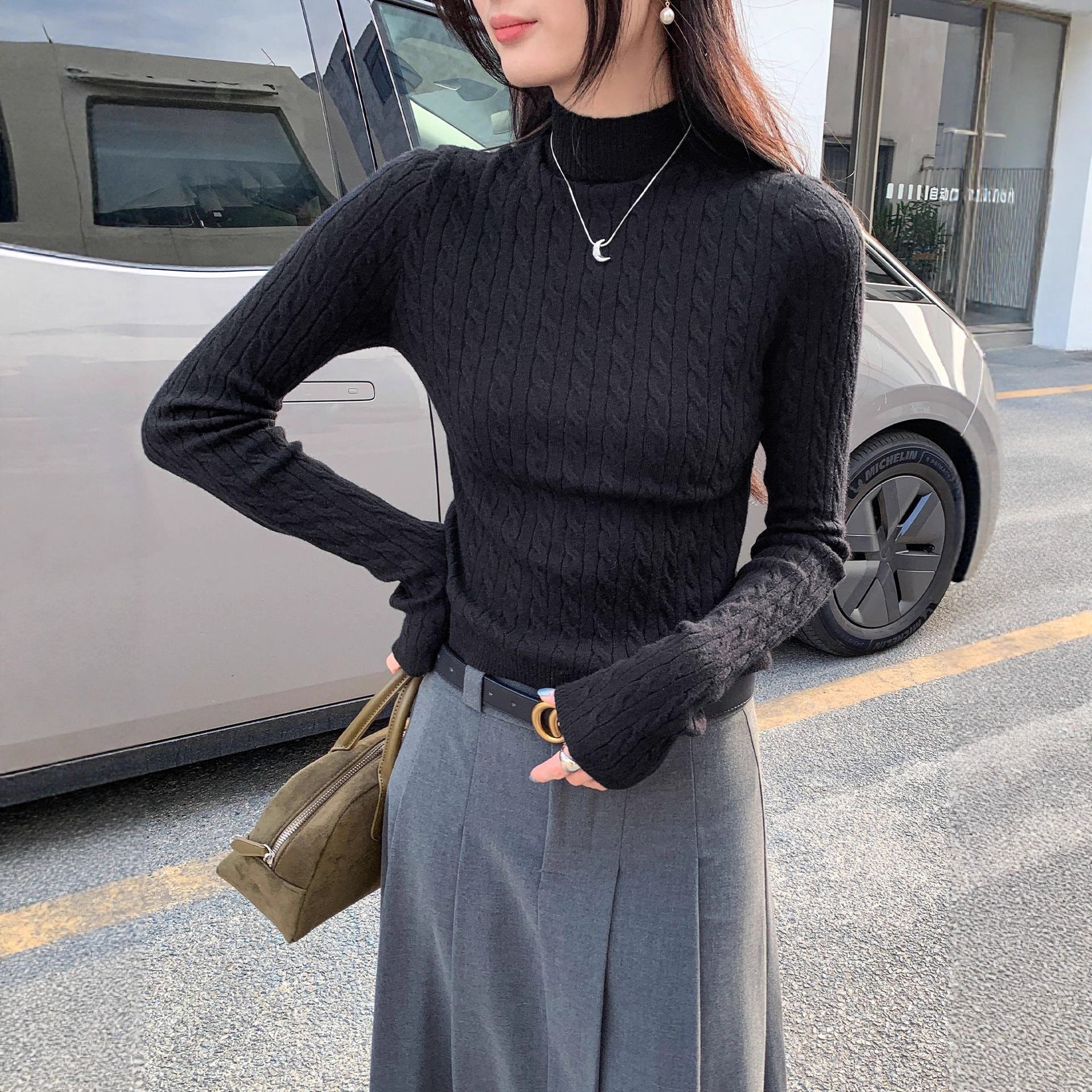 Chic Gray Cable Knit Crewneck Sweater Top for Women,  Slim Fit Short Length Underwear Shirt